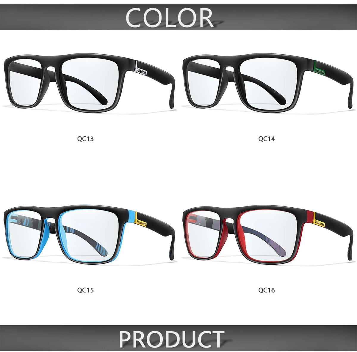 A display of six photochromic square sunglasses models labeled QC13 through QC16.