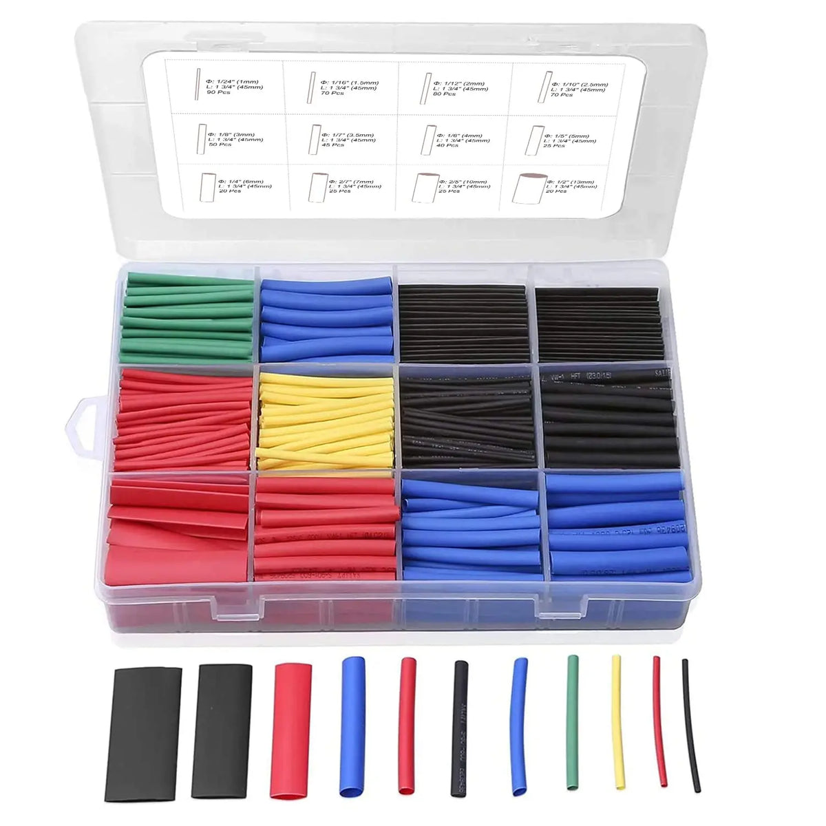Kit de tubos termocontraíbles de varios colores para aislamiento eléctrico, incluyendo rojo, azul, verde y negro.