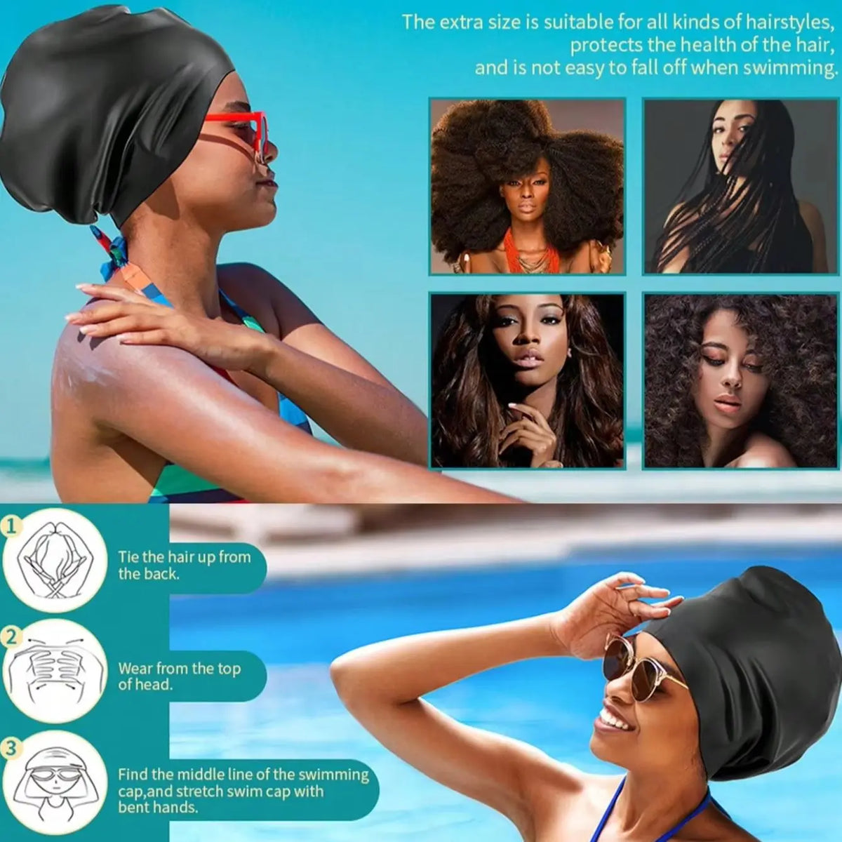 A woman wearing a black silicone swim cap for long hair, demonstrating how to put it on.