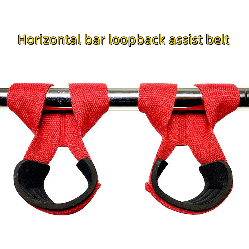 A pair of red horizontal bar loopback assist belts used for gym lifting.