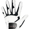 A close-up view of a white golf grip glove with black accents on the palm and fingers.