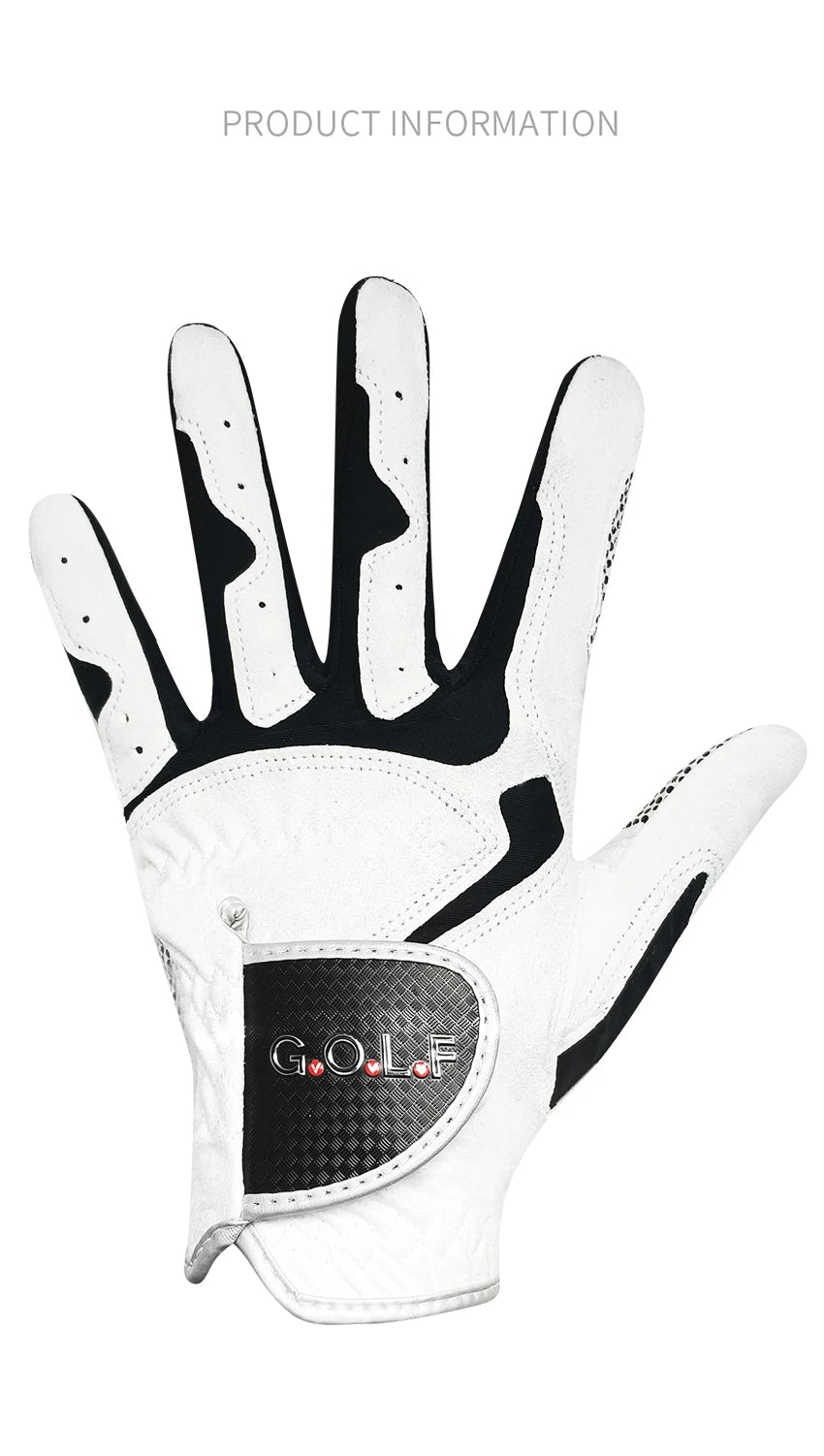 A close-up view of a white golf grip glove with black accents on the palm and fingers.