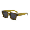 Retro square frame sunglasses with olive green tinted lenses and gold-toned metal frames.