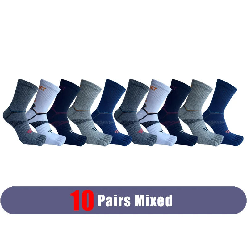 A collection of ten pairs of men's sport compression socks in various shades of gray and blue.