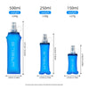 Three sizes of blue silicone water flasks with various capacities and weights shown side by side