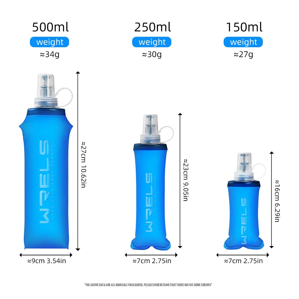 Three sizes of blue silicone water flasks with various capacities and weights shown side by side