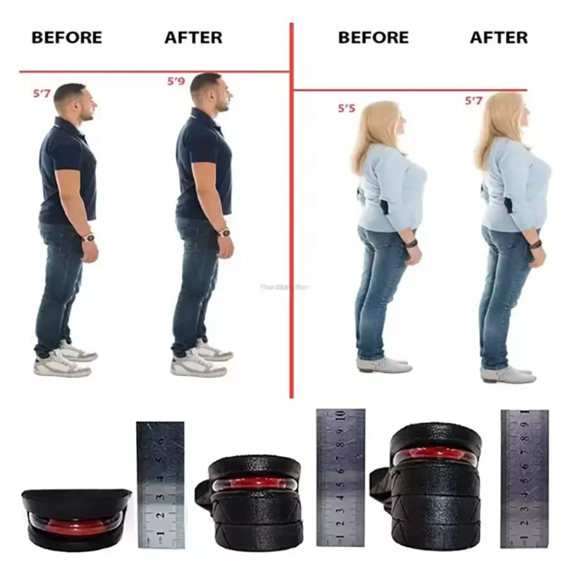 Comparaison avant/après d'inserts de chaussures invisibles pour augmenter la hauteur des femmes