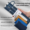 A hand holds a dark blue vacuum bottle with a silver lid, demonstrating its heat preservation features.