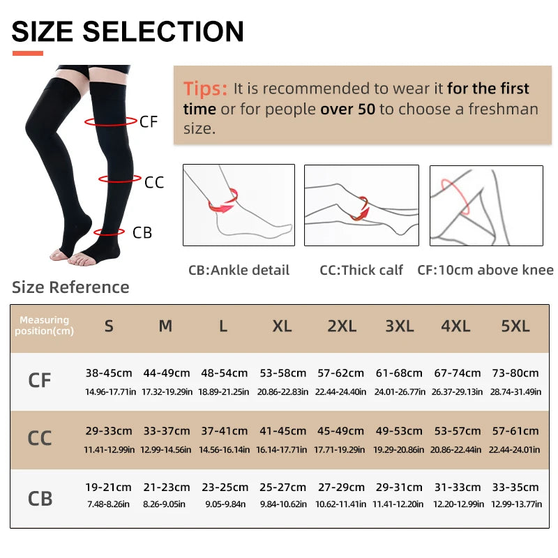 A size selection chart for medical compression stockings showing measurements in centimeters for different sizes.