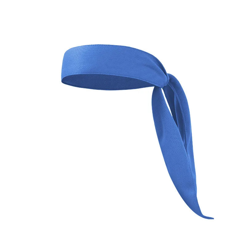 Diadema deportiva azul real ajustable mostrada plana, enrollada en forma de cinta.