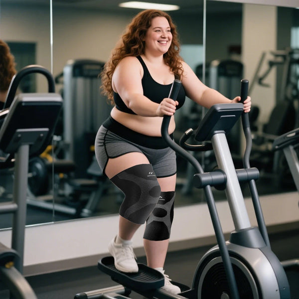 Une femme portant un soutien-gorge de sport noir et un short gris utilise un elliptique dans une salle de sport.