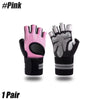 A pair of pink and black cycling gloves with textured grip palms and wrist wraps.