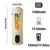 A beige portable electric juicer with a clear container and a control panel, showing its dimensions and specifications.