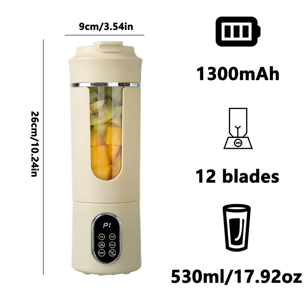A beige portable electric juicer with a clear container and a control panel, showing its dimensions and specifications.
