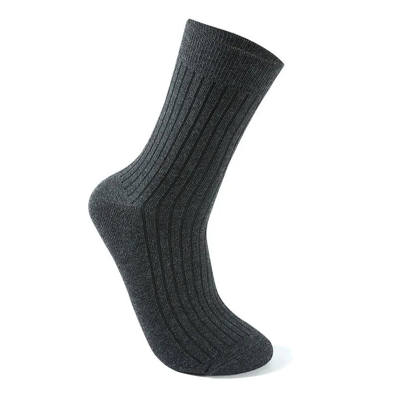 A close-up view of a pair of dark gray, ribbed men's mid-tube sweat absorption socks.