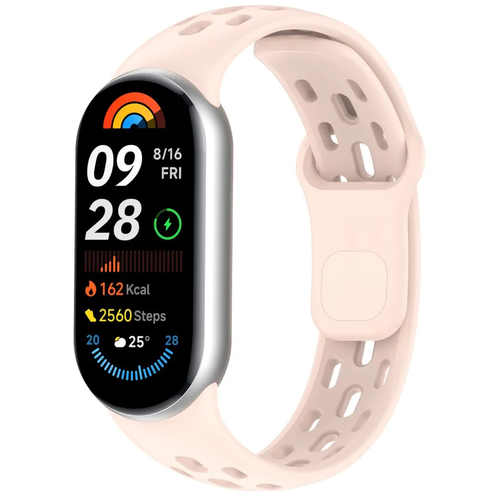 A beige silicone smart watch band replacement with a black watch face displaying health metrics and a rainbow icon.