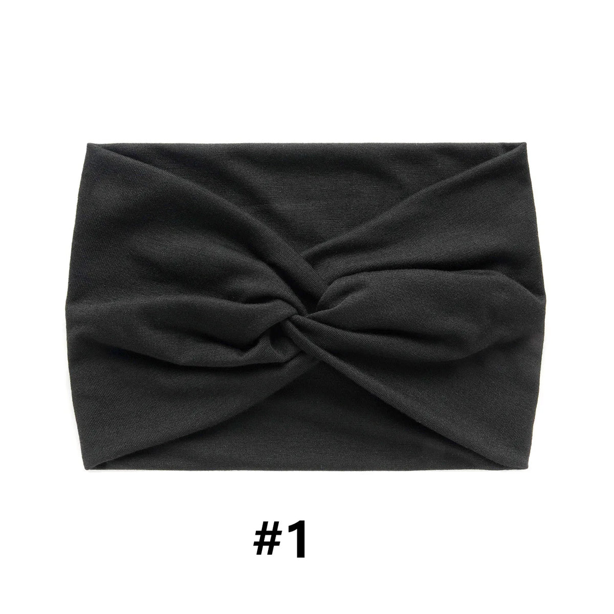 Black fabric headband tied in a knot, shown flat.