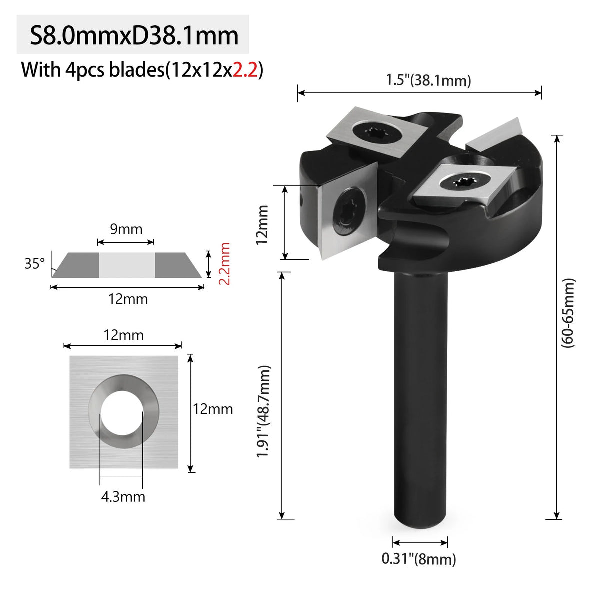 A set of S8.0mm D38.1mm wood milling router bits with four blades and a mounting shaft.