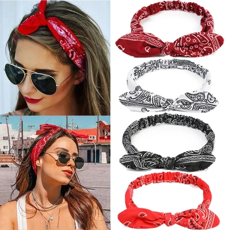 Red and white paisley elastic hair headbands shown on a woman's hair and in close-up shots.