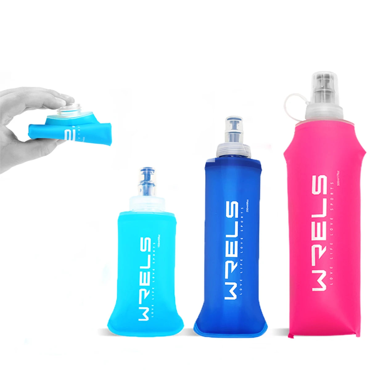 Three silicone water bottles in blue and pink colors with spouts shown against a white background.
