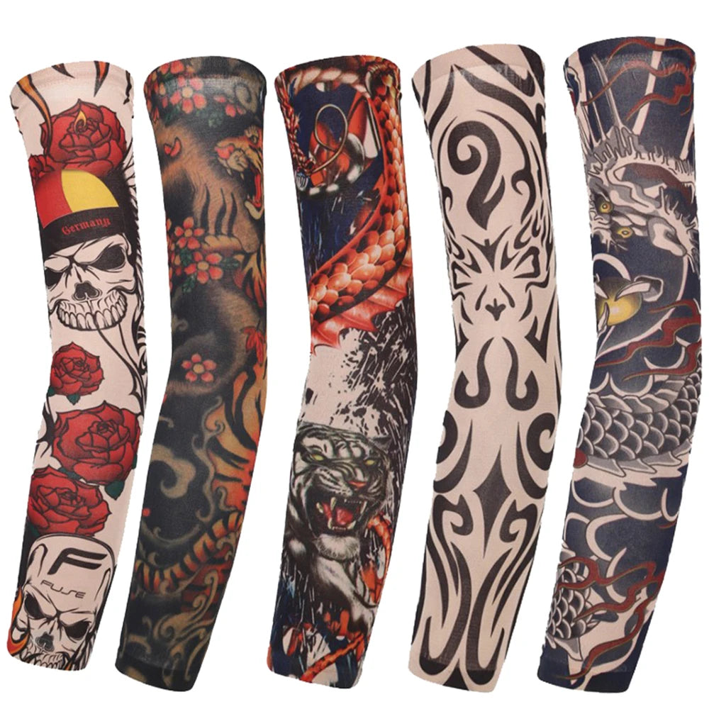 A set of seven UV protection arm sleeves featuring various dark and colorful designs