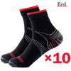 Ten pairs of black and red ankle compression socks shown on a white background.