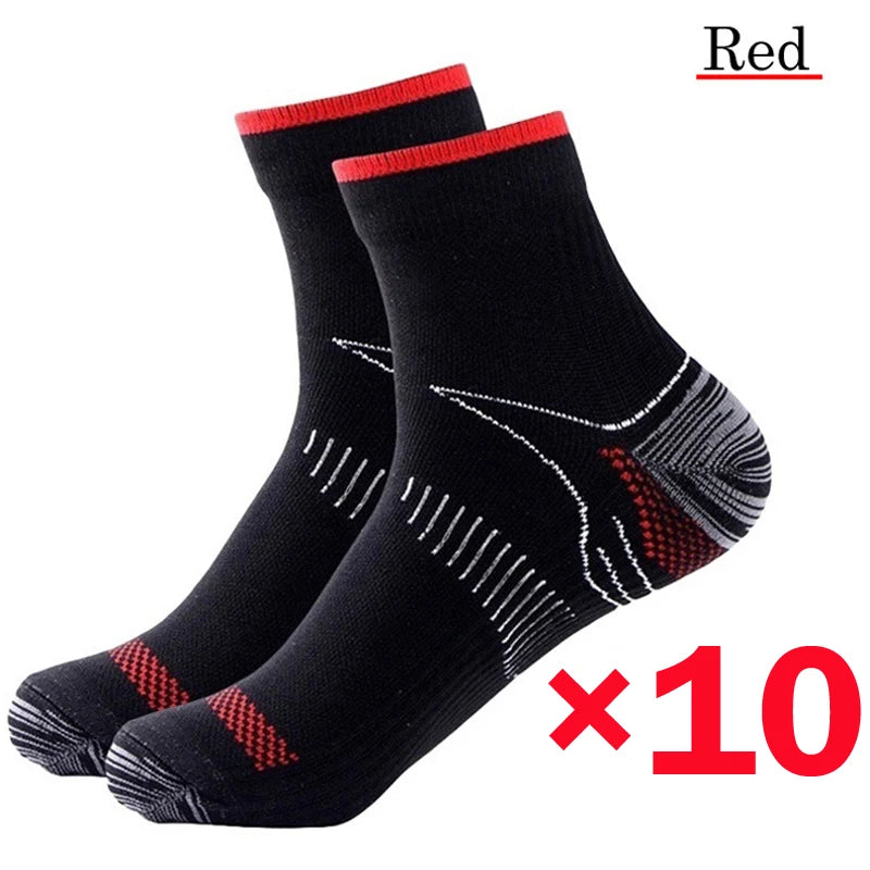 Ten pairs of black and red ankle compression socks shown on a white background.