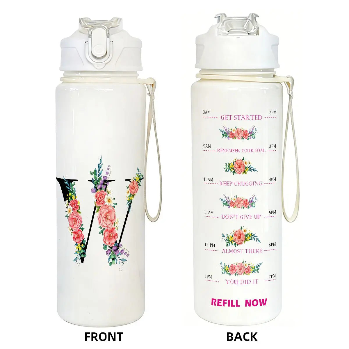 Front and back views of a white insulated straw tumbler for hydration