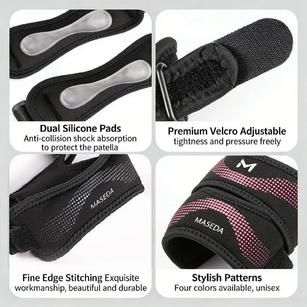 Black adjustable silicone pads and velcro strap for knee pain relief with fine stitching and stylish patterns