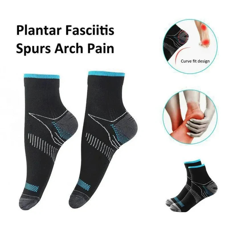 Black plantar fasciitis spurs arch pain compression socks shown with a curve fit design