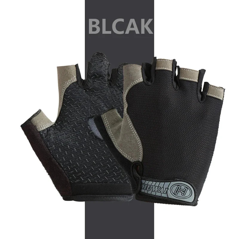 A pair of black and gray breathable half-finger sport gloves for cycling and exercise.