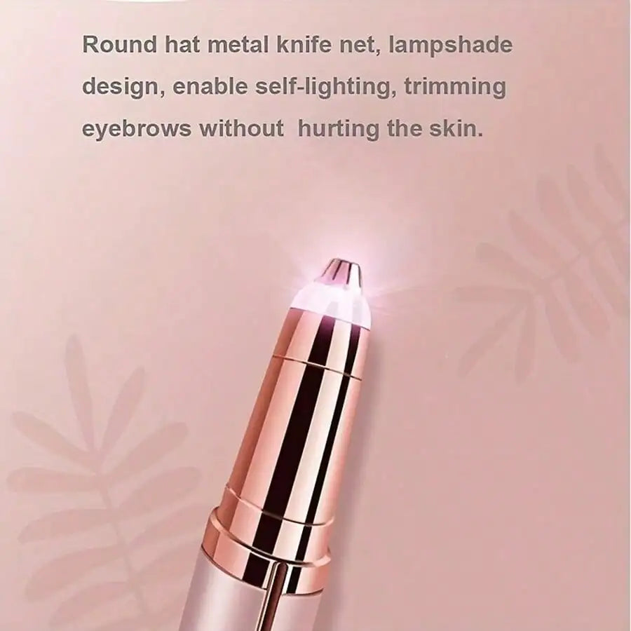 Close-up of a pink automatic electric eyebrow trimmer with a round hat metal knife net design.