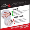 Image comparing grip strength of chalk versus liquid chalk, promoting the Grip-It hand chalk.