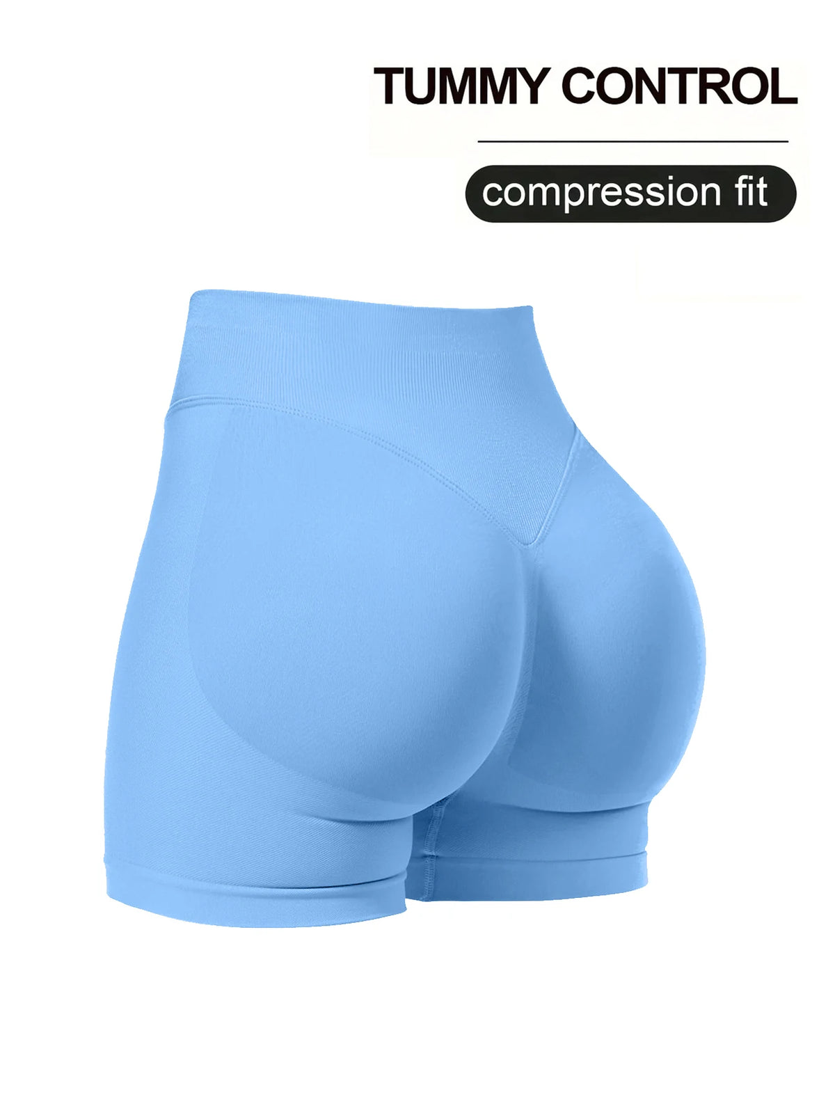 Light blue compression fitness shorts shown from the side.