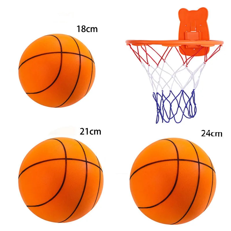 Ballon de basketball orange en mousse et un panier avec filet orange et rouge.