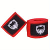 A roll of red and black professional cotton boxing hand wraps with a white silhouette design.