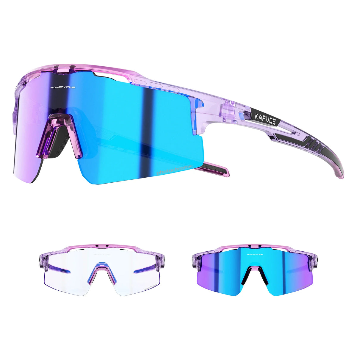Purple-tinted photochromic cycling sunglasses with UV400 protection shown from the side and front views.