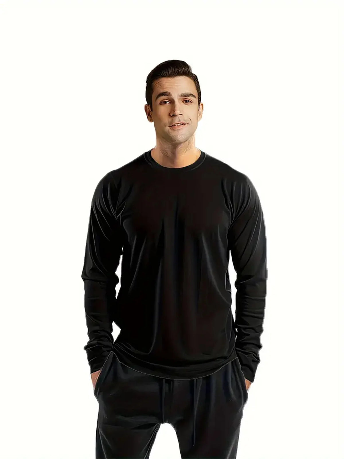 A male model wearing a black performance quick-dry long-sleeve shirt and black pants.