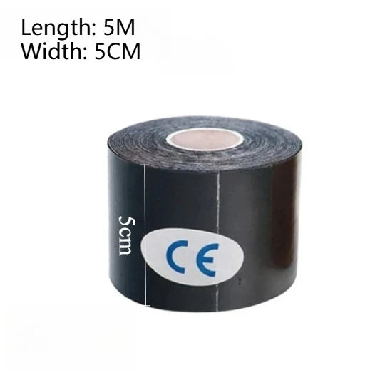 Roll of black kinesiology tape with CE certification mark and dimensions listed as 5M length and 5CM width