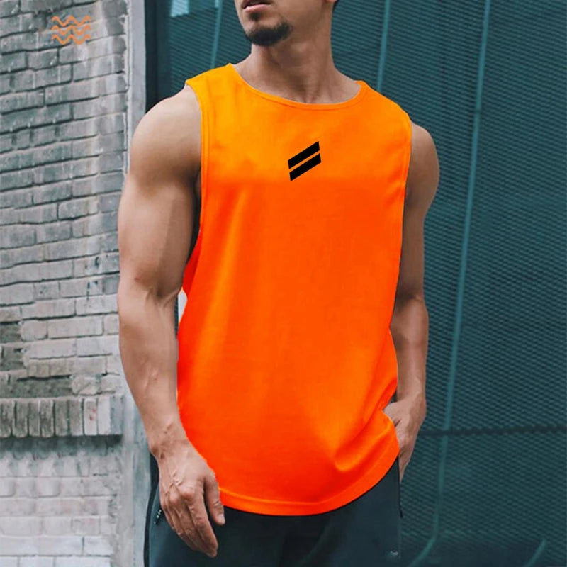 A muscular man wearing a bright orange sleeveless sports tank top with black stripes, standing outdoors.