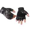 Black leather half-finger motorcycle riding gloves with silver studs and textured palm