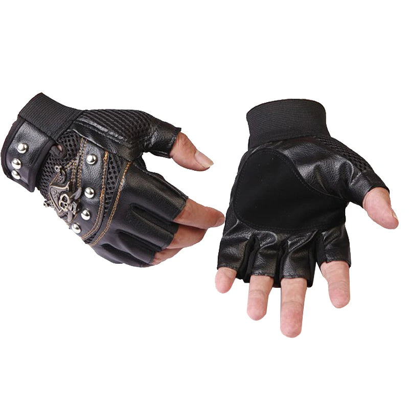 Black leather half-finger motorcycle riding gloves with silver studs and textured palm