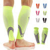 A collection of neon yellow calf compression sleeves for sports and daily wear shown on a leg.