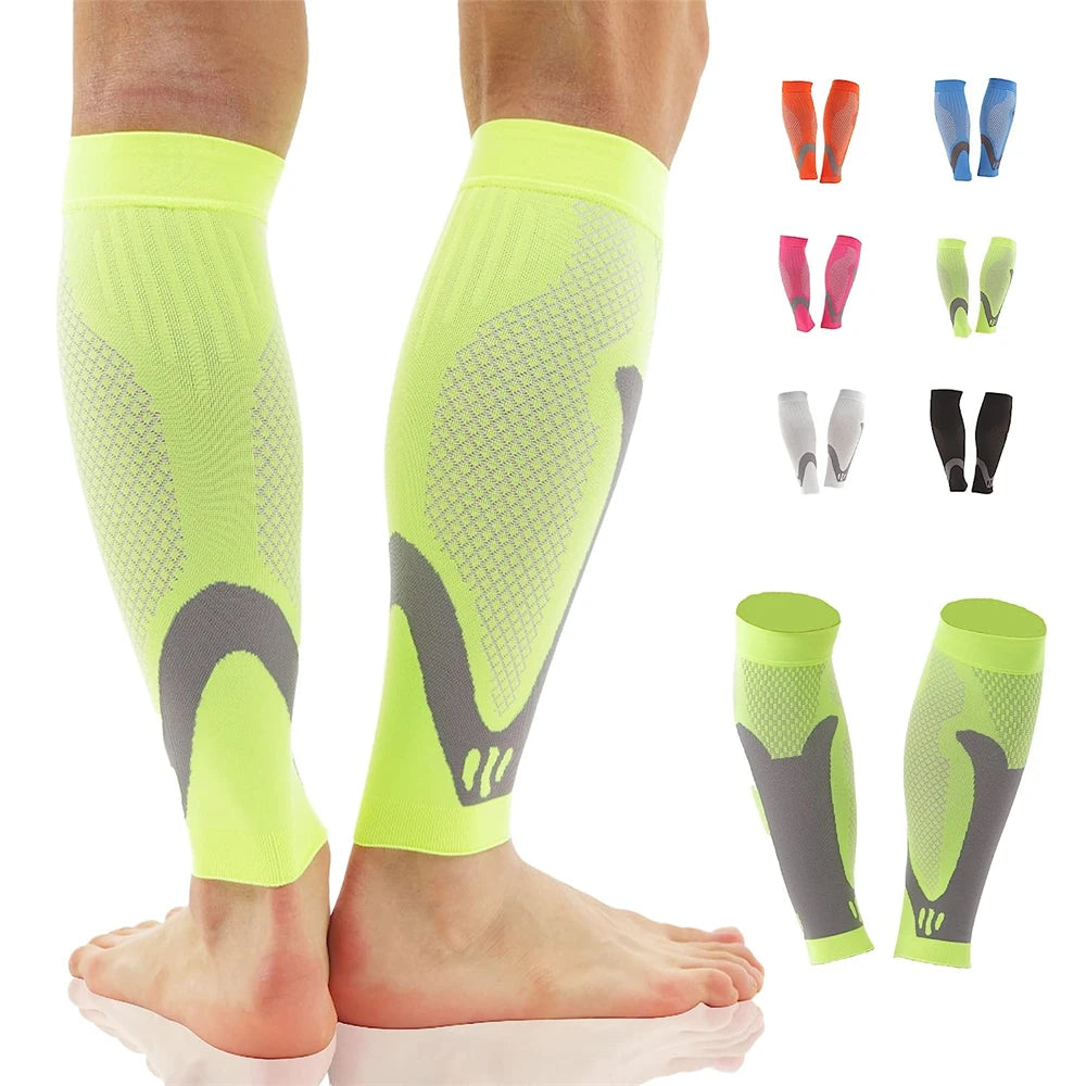 A collection of neon yellow calf compression sleeves for sports and daily wear shown on a leg.