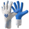 A pair of white and blue goalkeeper gloves with a star logo detail