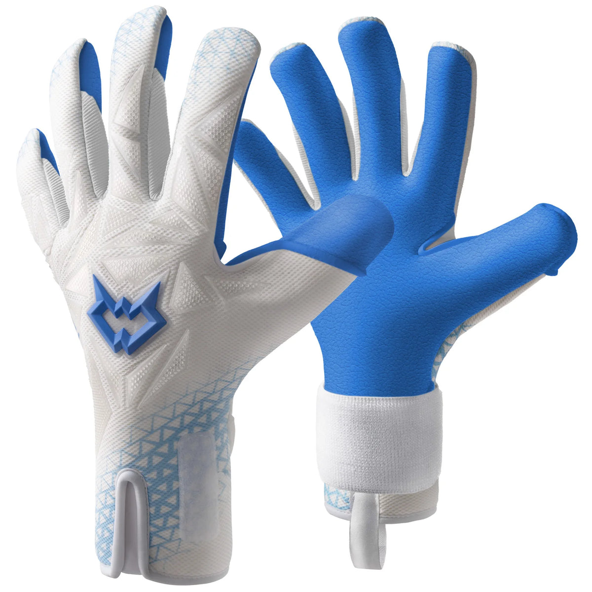 A pair of white and blue goalkeeper gloves with a star logo detail