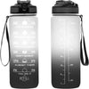 A clear insulated sports water bottle with a straw and time marker showing various time points for hydration.