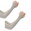 A pair of light gray ice silk arm sleeves being held together by hands.