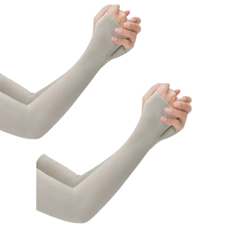 A pair of light gray ice silk arm sleeves being held together by hands.