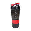 A black portable protein shaker cup with a red lid and base.